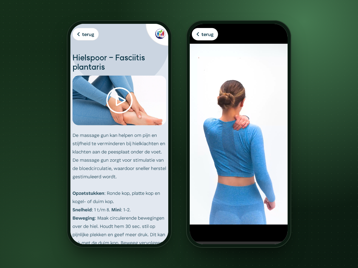 Twee iPhones: links de uitlegpagina over hielspoor met opzetstukken en snelheid, rechts de instructievideo op volledig scherm.