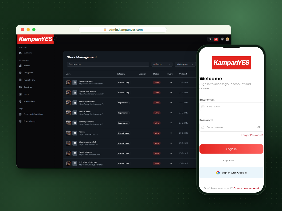 Het winkelbeheer in het KampanYES admin-panel naast het inlogscherm van de mobiele app.